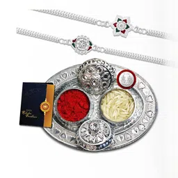 DeoDap Unisex Set of 2 Rakhis with Pooja Thali Roli Chawal Coin Greeting Card Gift Set-image-86