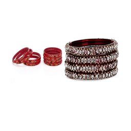 SOMIL Set Of 12 Red Artificial Stones & Beads Glass Bangles-picture-2