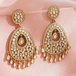 Rubans 22K Gold-Plated Kundan Studded Teardrop Shaped Drop Earrings-picture-18