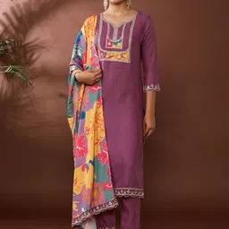 Jaipur Kurti Floral Yoke Design Notch Neck Straight Kurta With Trousers & Dupatta-image-67