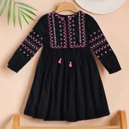 Bella Moda Girls Embroidered Cuffed Sleeves Cotton Fit & Flare Dress-17