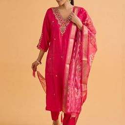 dhartii Women Ethnic Motifs Embroidered Regular Kurta with Trousers & With Dupatta-image-22