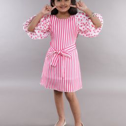 Pink Chick Polka Dot Striped Puff Sleeve A-Line Dress-image-66
