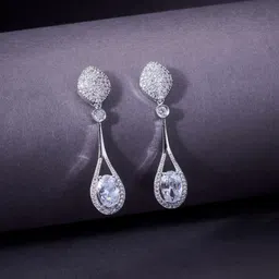 Opal Touch Rhodium-Plated Cubic Zirconia Studded Teardrop Shaped Drop Earrings-6