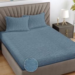 Myntra Elegant Homes Blue Striped Woollen 300 TC King Bedsheet Set 2.5 m x 2.25 m-image-5