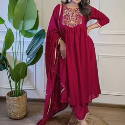 KALINI Ethnic Motifs Embroidered Thread Work Chanderi Silk Kurta With Trousers & Dupatta-27