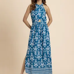 Moomaya Ethnic Motifs Print Halter Neck A-Line Midi Dress-image-13