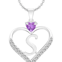 Heer Collection Cubic Zirconia Studded Heart Shaped Alphabet 'S' Pendant with Chain-11