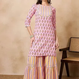 DIVASTRI Floral Printed Gotta Patti Round Neck Pure Cotton Kurta with Sharara-image-21