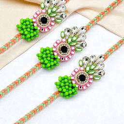 ADIVA Set Of 3 Cubic Zirconia Studded & Beaded Rakhis With Pooja Thali & Roli Chawal-image-51