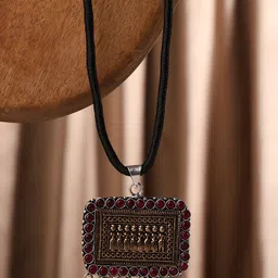 VENI 92.5 Silver-Plated Stone Studded & Beaded Tribal Oxidised Thread Pendant With Chain-50