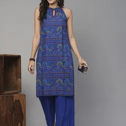 Globus Ethnic Motifs Printed Straight Thread Work Kurta with Trousers-picture-30