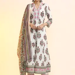 Jaipur Kurti Women Floral Printed Empire Thread Work Pure Cotton Kurta with Trousers & With Dupatta-image-99