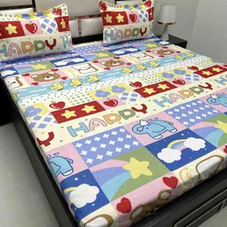 Pure Decor Blue & Green Cartoon Characters 260 TC Queen Bedsheet with 2 Pillow Covers-image-37