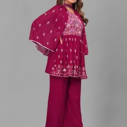 PARROT CREATION Women Floral Embroidered Regular Sequinned Kurti with Sharara & With Dupatta-image-2