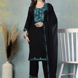 Clora Creation Floral Embroidered Thread Work Kurta With Trousers & Dupatta-29