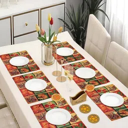 PRAKARTIK 13-Pcs Green & Red Printed Table Placemats&Coasters-56