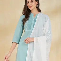 Fabindia Floral Embroidered Cotton Silk Dupatta With Chikankari-31