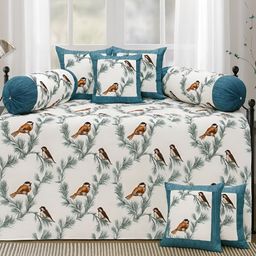 Bedbathandbliss Set Of 8 White & Blue Printed Cotton Diwan Set-image-54