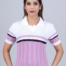 FEVERFEW Striped Self Design Shirt Collar Short Sleeves Top-7