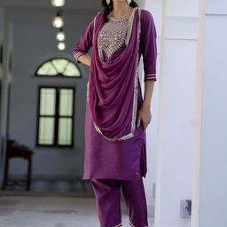 VredeVogel Floral Embroidered Three-Quarter Sleeves Regular Kurta With Trouser & Dupatta-image-13