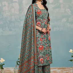 MOJILAA Floral Printed Sequinned Straight Kurta with Palazzos & Dupatta image 3