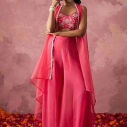 ALIZEH Floral Embroidered Shoulder Straps Georgette Crop Top With Palazzo And Shrug-picture-23