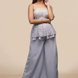 PARROT CREATION Women Embroidered Regular Sequinned Kurti with Sharara & With Dupatta-image-23