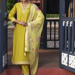 Colors of Earth Women Floral Embroidered Regular Sequinned Kurta with Trousers & With Dupatta-image-80