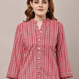 HERE&NOW Women Red Floral Striped Printed Cotton Top-picture-3