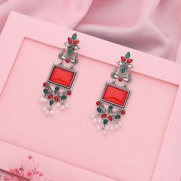Brado JewellerySilver-Plated Stone Studded & Beaded Contemporary Oxidized Drop Earrings-30