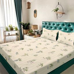 KLOTTHE Cream Coloured & Green Floral Printed 300 TC King Bedsheet Set 2.5 m x 2.25 m-15