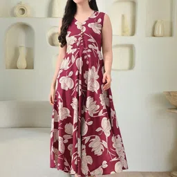 Sangria Women Burgundy Floral Printed V-Neck Sleeveless Fit & Flare Cotton Maxi Dress-picture-31