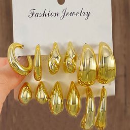 GOLDIWALA Set Of 6 Gold Plated Contemporary Chunky Korean Half Hoop Earrings-18