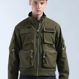 Flying Machine Men Mock Collar Solid Casual Bomber Jacket-image-26