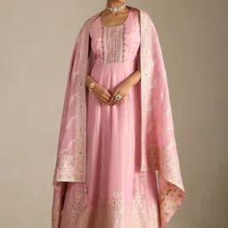 Soch Mirror Embroidered Round Neck Maxi Ethnic Dress With Dupatta-image-79