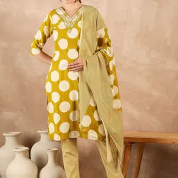 House of Pataudi Geometric Printed Sequinned Pure Cotton Kurta & Trouser With Dupatta-picture-4