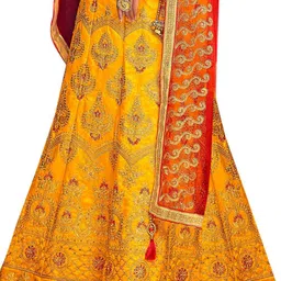 MANVAA Yellow & Red Embroidered Thread Work Semi-Stitched Lehenga & Unstitched Blouse With Dupatta image 4