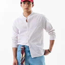Snitch Vertical Striped Band Collar Cotton Linen Shirt-image-75