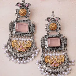 KARATCART Silver Plated Kundan Studded Contemporary Oxidised Drop Earrings-8