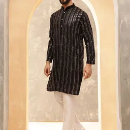 Anouk Black Striped Sequinned Pure Cotton Straight Kurta With Pyjama-image-8