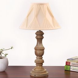 Devansh Off White & Brown Textured Wooden Frustum Shaped Table Lamp-18