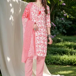 FASHOR Motifs Printed Tie-Up Neck Pure Cotton Straight Kurta With Trousers & Dupatta-image-54