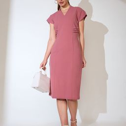 Globus Women Pink V-Neck Cap Sleeves Sheath Midi Workwear Dress-image-49