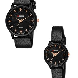 CSAMON Unisex Pack Of 2 Embellished Dial & Leather Straps Watch Csamon_10_black Couple-image-22