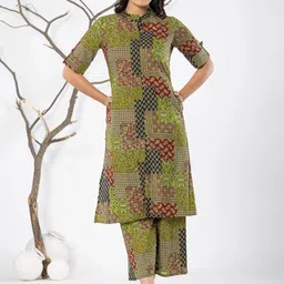 SHRIZA Floral Printed Mandarin Collar Pure Cotton Straight Kurta With Palazzo-picture-44