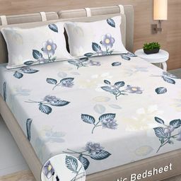 FABINALIV White & Blue Floral 300 TC King Bedsheet with 2 Pillow Covers-image-90