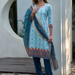 BE IN TEXO FAB Women Floral Embroidered Regular Thread Work Pure Cotton Kurta with Trousers & With Dupatta-picture-37