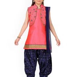 Sangria Girls Red & Navy-Blue Pure Silk Straight Kurta And Patiala Jacket With Dupatta-image-18