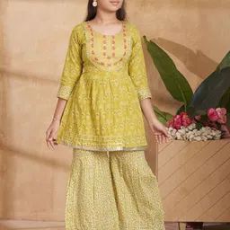 BAESD Girls Floral Printed Angrakha Pure Cotton Kurta with Sharara-image-79